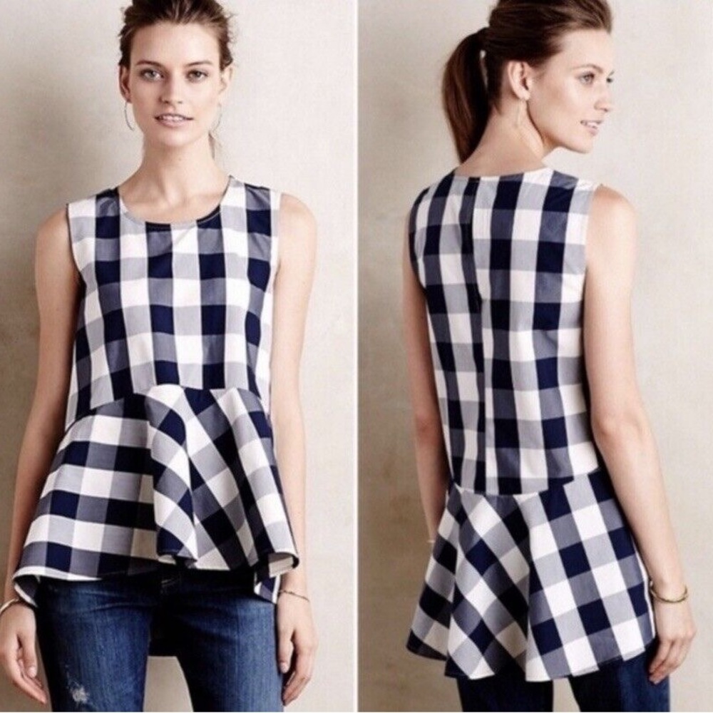 HD in Paris Anthropologie Blue White Gingham Plaid Poplin Peplum Tank Top size 0